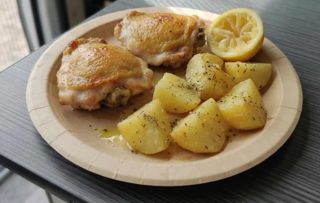 Greek lemon chicken and potatoes — two golden chicken thighs with oregano potatoes and lemon, van kitchen