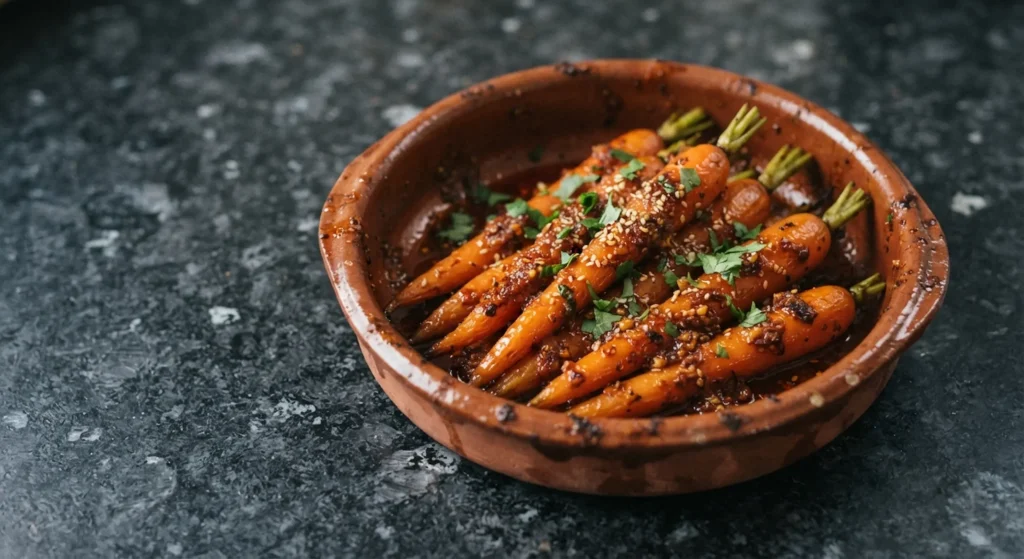 Harissa carrots with garlic and Dijon dressing in a terracotta dish