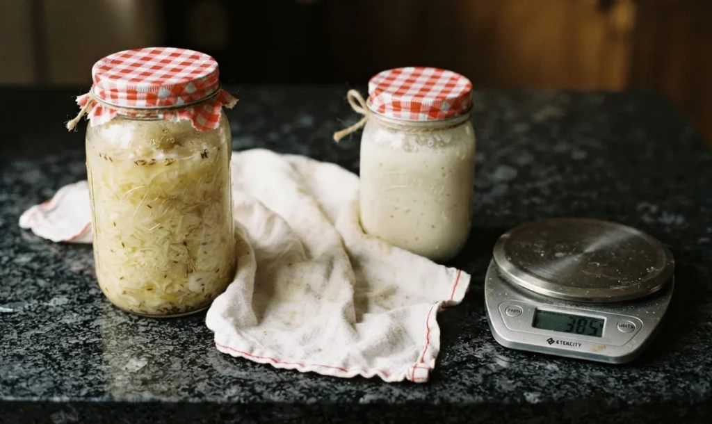Homemade sauerkraut and kefir in glass jars with red check lids on a black granite worktop — fermented foods and histamine intolerance, The Flexible Chef