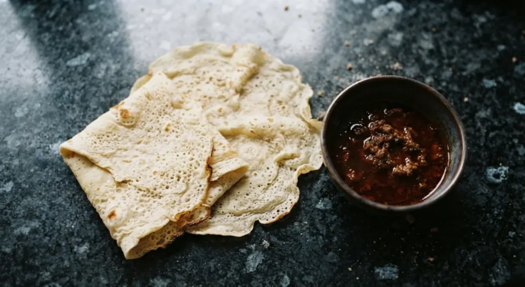 Gluten free flatbread recipe — kisra sorghum flatbreads folded on a black speckled granite worktop with a small bowl of Mullah Ahmar red stew alongside