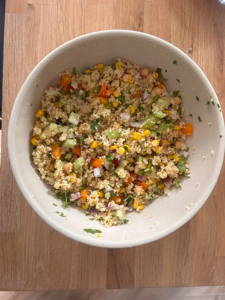 Mediterranean couscous salad with chickpeas, sweetcorn, peppers and coriander — Debbie's Bank Holiday tea, Rochdale