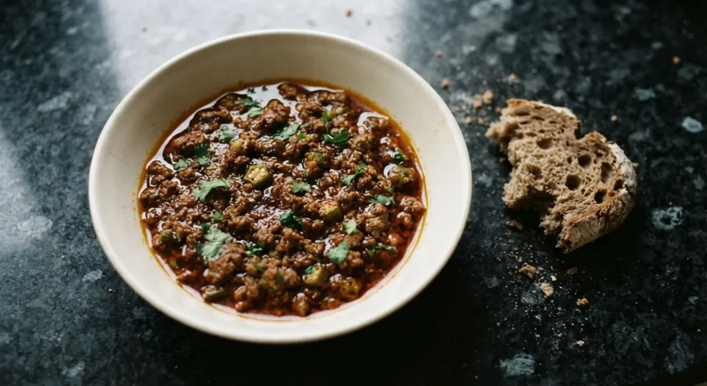 Okra stew recipe — Mullah Ahmar Sudanese red stew with minced beef and okra in a wide white bowl on a black speckled granite worktop, torn buckwheat sourdough alongside