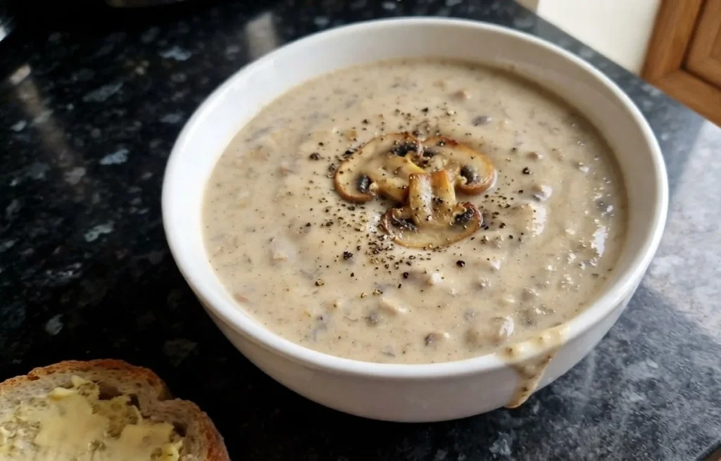 A bowl of homemade cream of mushroom soup recipe topped with fried sliced mushrooms – Nearly Campbell's, The Flexible Chef