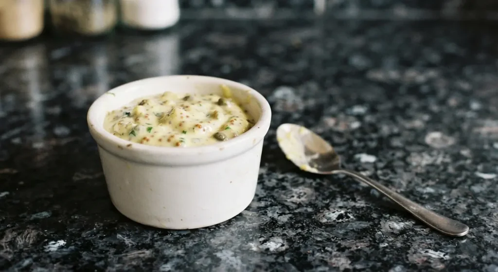 Danish remoulade in a white ramekin on a black speckled granite worktop β wholegrain mustard seeds and green flecks visible, teaspoon alongside
