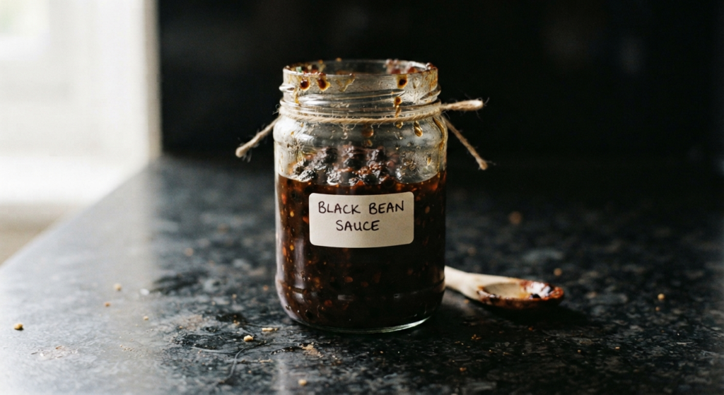 Homemade black bean sauce in a glass jar with handwritten label on a dark granite worktop — Nearly Lee Kum Kee, The Flexible Chef