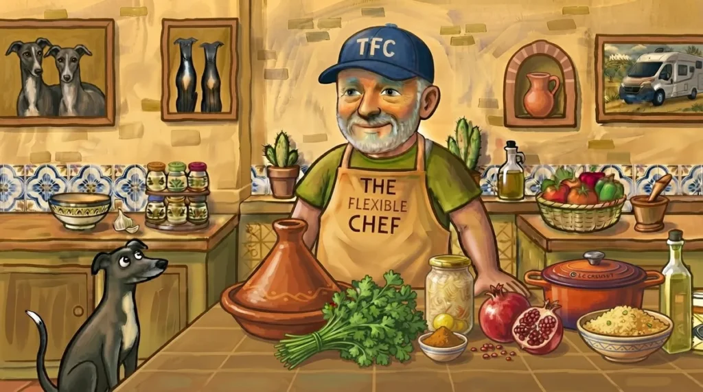 The Flexible Chef in the Casa Adora kitchen with a tagine, coriander, preserved lemons, pomegranate and couscous — North African recipes from Andalucía