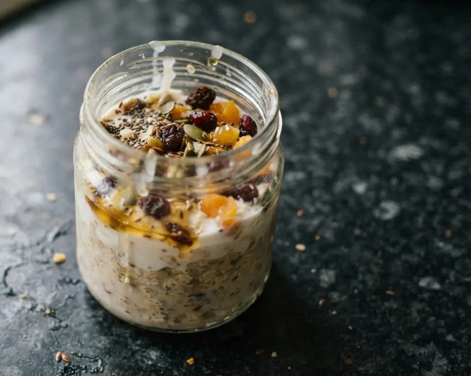 Overnight oats with kefir in a glass jar on a black speckled granite worktop — seeds, dried fruit and honey drizzle, Casa Adora Caption: AI images, my stories – The Flexible Chef