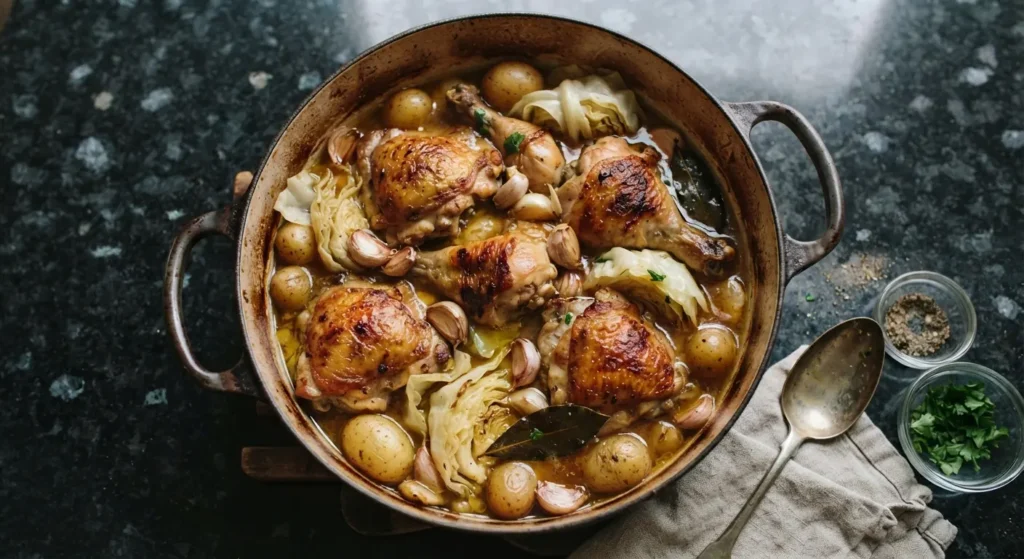 Pollo ajillo recipe — golden chicken pieces braised with whole new potatoes, white cabbage and bashed garlic cloves in beer, in a wide pot on a dark granite worktop