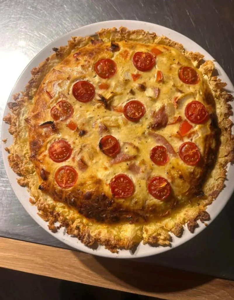 Potato crust quiche golden and set in a pie dish — Debbie's gluten free recipe, Rochdale