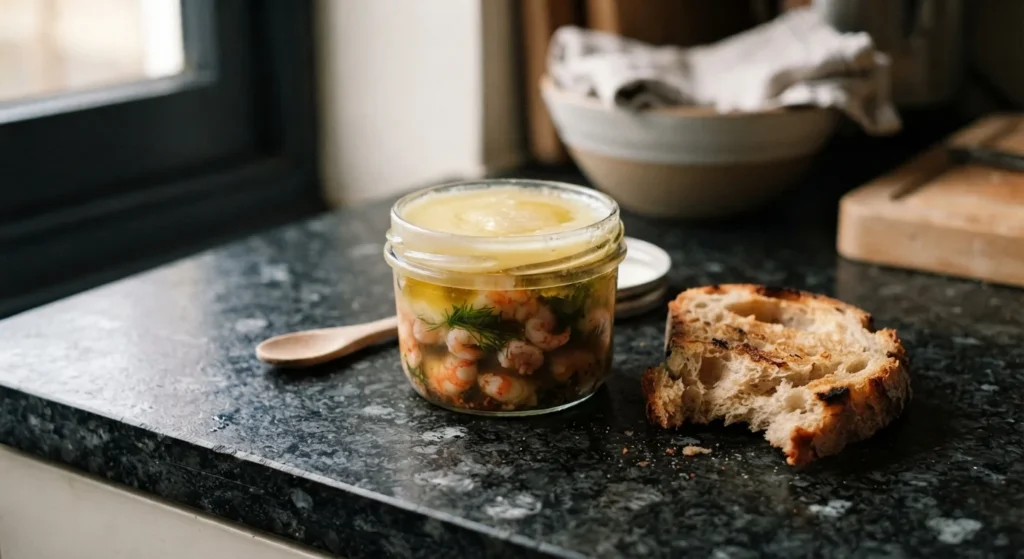 Potted langostinos in a glass jar with set ghee seal, torn toast alongside, black speckled granite worktop