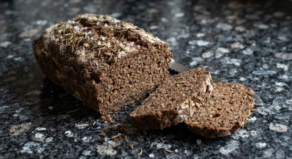 Rosemary and sea salt chickpea and buckwheat bread, sliced on black speckled granite — Casa Adora