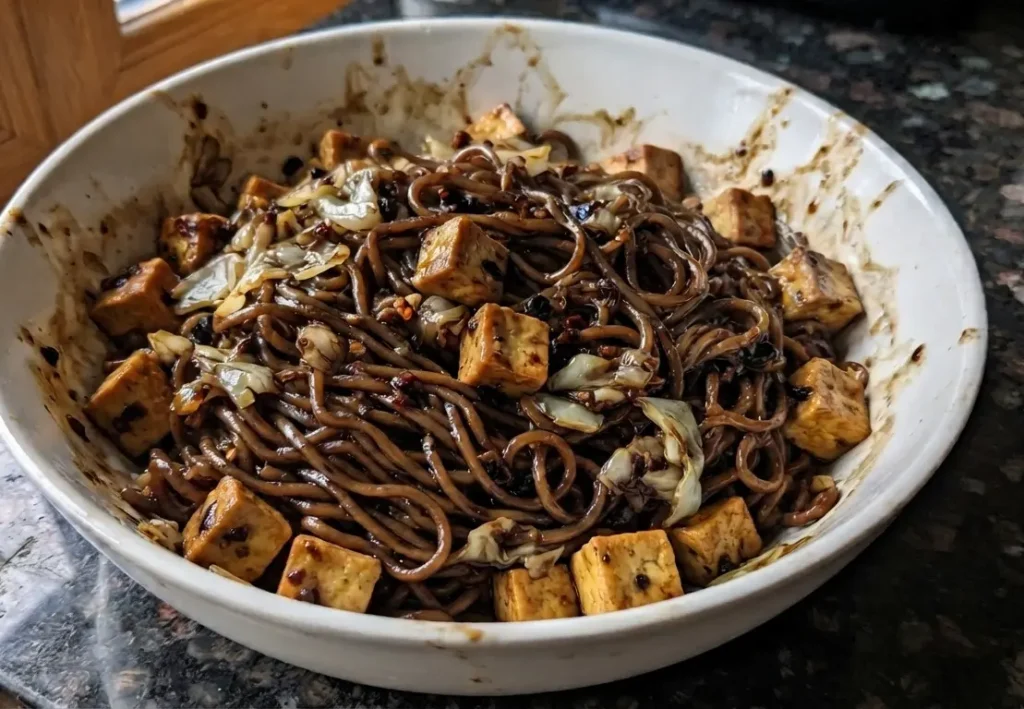 A bowl of Sichuan black bean soba noodles recipe with tofu, white cabbage and a glossy black bean sauce