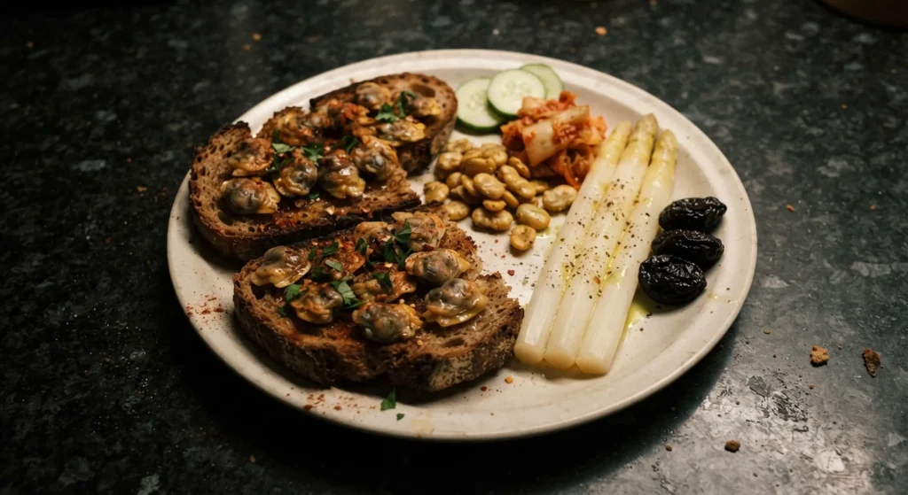 Sizzled cockles recipe — berberechos al natural on buckwheat sourdough with white asparagus, habas fritas and kimchi, Casa Adora