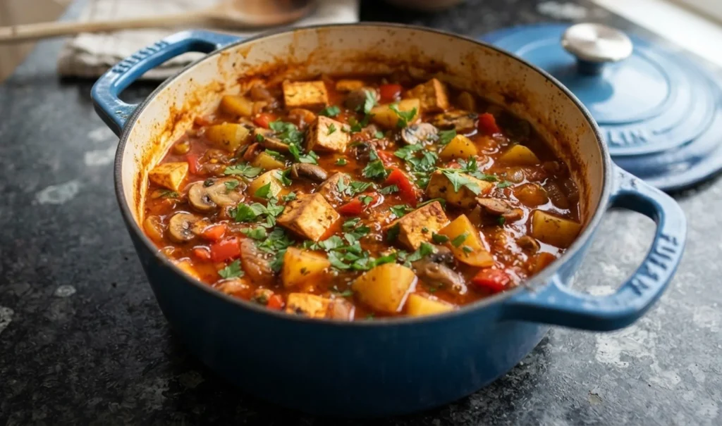 Vegan goulash with tofu, mushrooms and potato in a blue cast iron pot