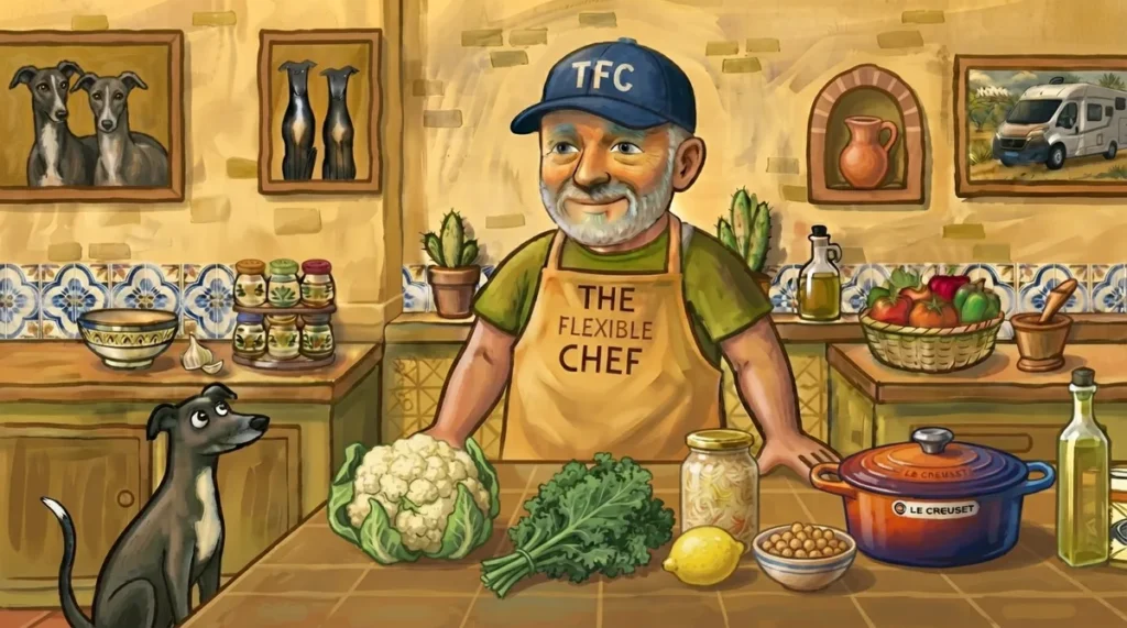 The Flexible Chef in the Casa Adora kitchen with cauliflower, chickpeas, sauerkraut and a Le Creuset — veggie recipes from Andalucía
